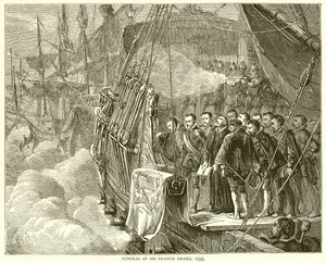 Begravelse av Sir Francis Drake, 1595 av English School