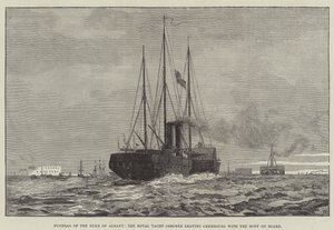 Begravelse til hertugen av Albany, Royal Yacht Osborne som forlater Cherbourg med liket om bord (gravering) av English School