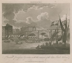 Begravelsesprosesjon ved vann med restene av avdøde Lord Nelson av English School
