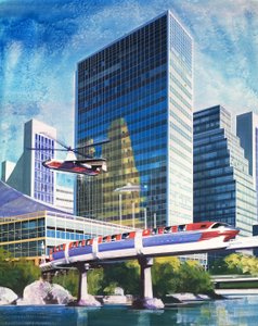 Futuristischer Einschienenbahn und Hubschrauber