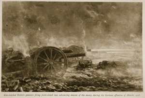 Gassmaskerte britiske skyttere som skyter rett inn i fremrykkende masser av fienden under den tyske offensiven i mars 1918, 1918-19 av English School