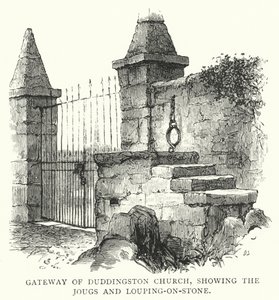 Porten til Duddingston Church, som viser Jougs og Louping-on-Stone (gravering) av English School