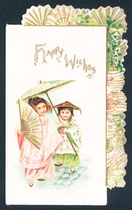 Geisha-jente og kinesisk jente, julekort av English School
