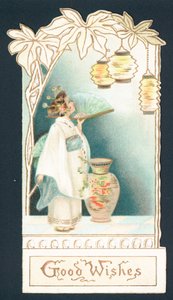 Geisha-jente ser på lykter, julekort (chromolitho) av English School