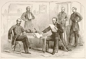 General Joseph Eggleston Johnston overgir hæren til Tennessee til general William Tecumseh Sherman (litho) av English School