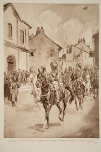 General Sir Pertab Singh ledet Jodhpur Lancers gjennom en fransk landsby, 1914-19 av English School