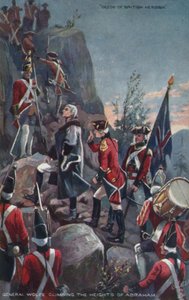 General Wolfe klatrer i Abrahams høyder, Quebec, 1759 av English School