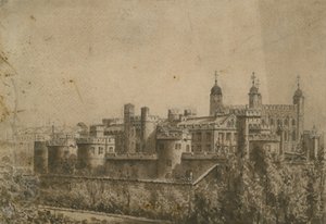 Generell utsikt over Tower of London (wc på papir) av English School