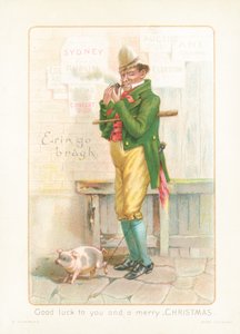 Gentleman røyker pipe og går gris! Julekort av English School