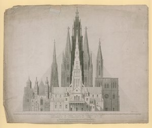 Geometriske høyder av vestfrontene til katedralene i St. Pauls, London (før brannen) ... og den store pyramiden i Egypt i én skala av English School