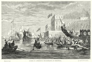 George IV geht in Greenwich an Bord nach Schottland (Gravur) von English School