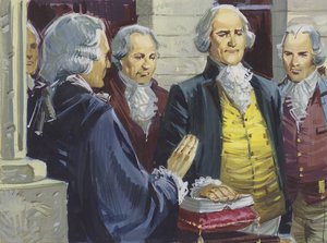 George Washington blir tatt i ed som USAs første president i New York av English School