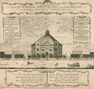 George Whitfields nye kapell og almissehus i Tottenham Court Road, London, 1764 av English School