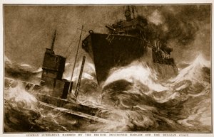 Tysk ubåt rammet av British Destroyer Badger utenfor den belgiske kysten, 1914-19 av English School