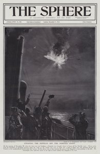 Tysk Zeppelin-luftskip skutt ned i flammer utenfor kysten av Norfolk, første verdenskrig, 28. november 1916 (litho) av English School