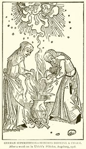 Tysk overtro - hekser som brygger en sjarm. Etter et tresnitt i Ulrichs Witches, Augsburg, 1508 av English School