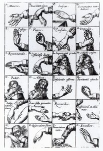 Gester for miming fra John Bulwers Chrilogia Naturall Language of Hand, 1644 av English School