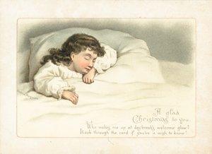 Jente sover i sengen, julekort av English School
