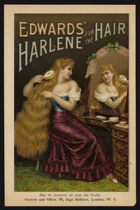 Jente som børster det lange blonde håret; Edward's Harlene for the Hair (chromolitho) av English School