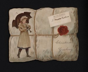 Mädchen mit einem Regenschirm auf der Verpackung eines Pakets, Weihnachtsgrußkarte, späte 19. oder frühe 20. Jahrhundert von English School