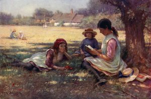 Jente som leser et eventyr for andre barn (farge litho) av English School