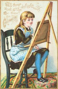 Jente som sitter ved staffeli og maler, julekort av English School