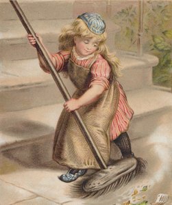 Jente som feier med en kost (chromolitho) av English School