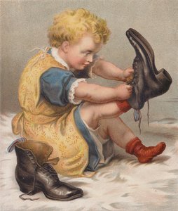 Jente som prøver morens støvler (chromolitho) av English School