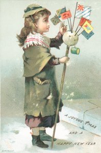 Jente som vinker med flagg, julekort av English School