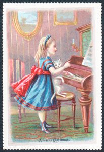 Jente med katt stående ved piano, julekort av English School