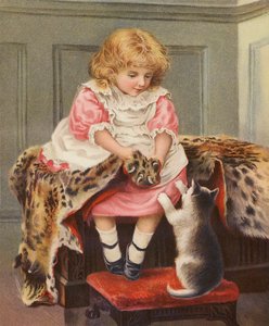 Jente med leopardhud og huskatt (chromolitho) av English School