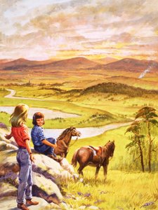 Jenter og ponnier som ser utover landskapet (gouache på papir) av English School