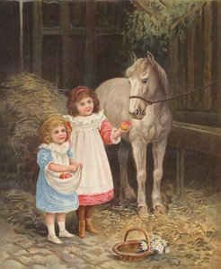 Jenter som mater en hest (chromolitho) med epler av English School