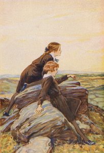 Jenter på en steinete åstopp (fargelitografi) av English School
