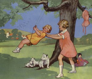 Jenter som leker på huske på engelsk landsbygd (farge litho) av English School