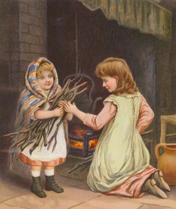 Jenter som legger ved på bålet (chromolitho) av English School