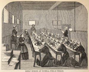 Jenteskole ved Tothill Fields Prison, illustrasjon fra The Criminal Prisons of London og Scenes from Prison Life av Henry Mayhew og John Binny, pub. 1862 av English School