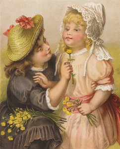 Jenter med smørblomster (chromolitho) av English School
