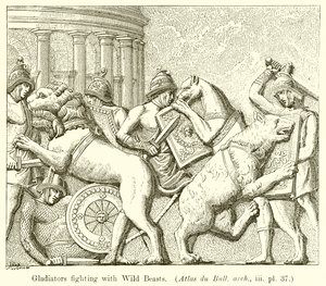 Gladiatorer som kjemper med ville dyr. (Atlas du Bull. arch., iii. pl. 37)