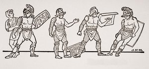 Gladiatorer, fra et veggmaleri i Pompeii, illustrasjon fra The Outline of History av H.G. Wells, bind I, utgitt i 1820 av English School