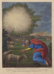 Gud viser seg for Moses i en brennende busk (farge litho) av English School