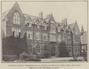 Godolphin School, Hammersmith, en del av hovedfronten, fra sør (gravering) av English School