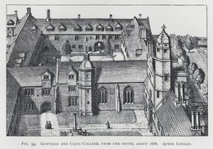 Gonville og Caius College, fra sør, ca 1688, etter Loggan (gravering) av English School