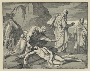 barmhjertig samaritan (gravering) av English School