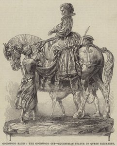 Goodwood Races, Goodwood Cup, Equestrian Statue of Queen Elizabeth (gravering) av English School