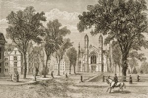 Gore Hall, Harvard University i ca. 1870, fra 'American Pictures' utgitt av Religious Tract Society, 1876 av English School