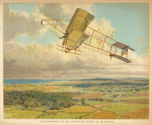 "Grahame-White i flyet sitt som flyr til Blackpool." Småfolks bok over luftskip. London: Ernest Nister, [1912] av English School