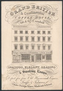 Grand British and Continental Coffee House, 66 og 67 Cornhill, handelskort av English School