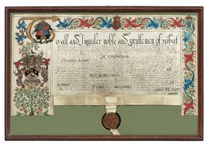 Bevilgning av våpen til Charles Hewitt, 1597 av English School