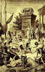 Gresk kultur - statuer og kunstverk fraktet til Roma, illustrasjon fra The Illustrated History of the World, publisert ca. 1880 (digitalt forbedret bilde) av English School